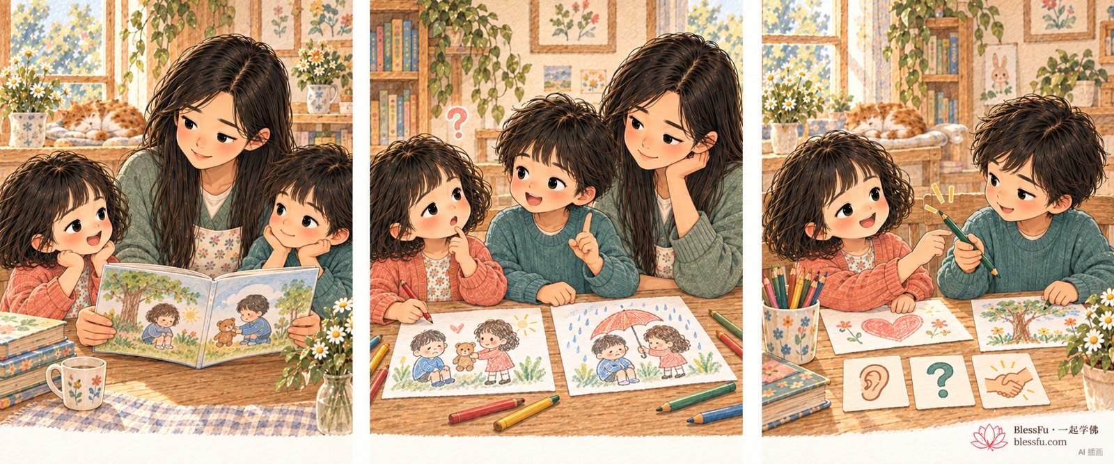 听一听，想一想，试一试 · 课程故事插画