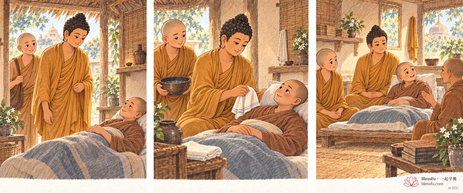 佛陀照顾病比丘 · 课程故事插画