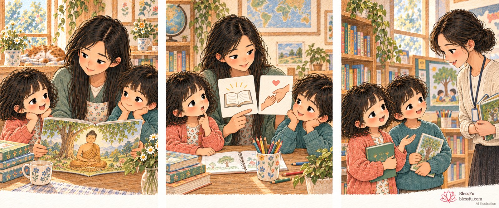 佛、菩萨与老师 · 课程故事插画