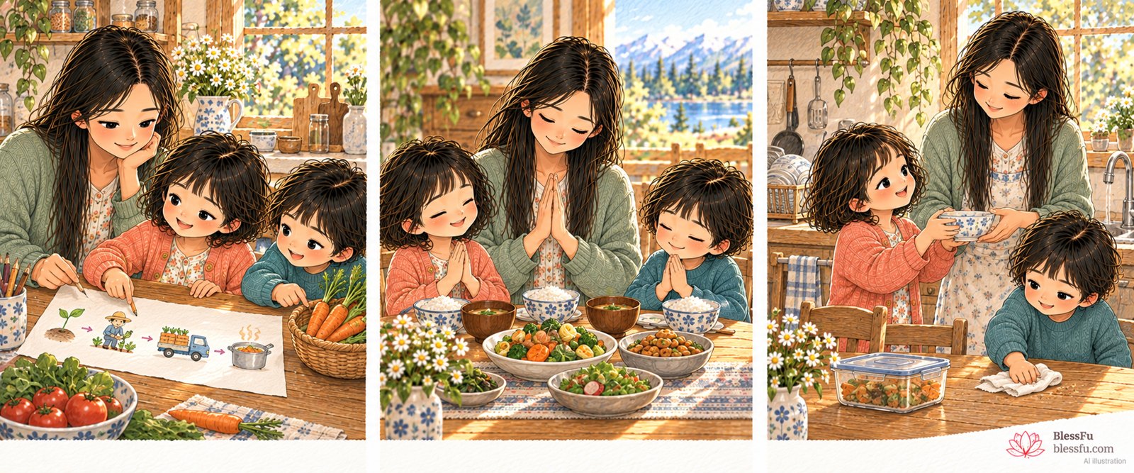 吃饭前，想一想 · 课程故事插画