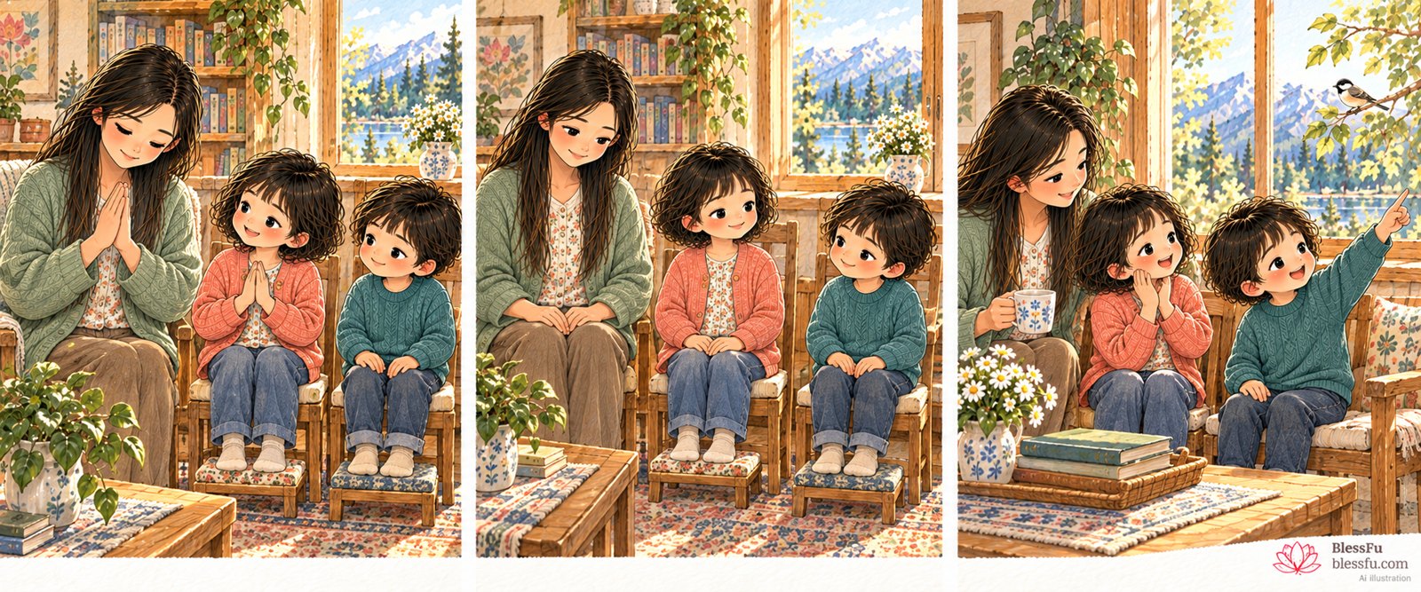 合掌、念诵与短静坐 · 课程故事插画