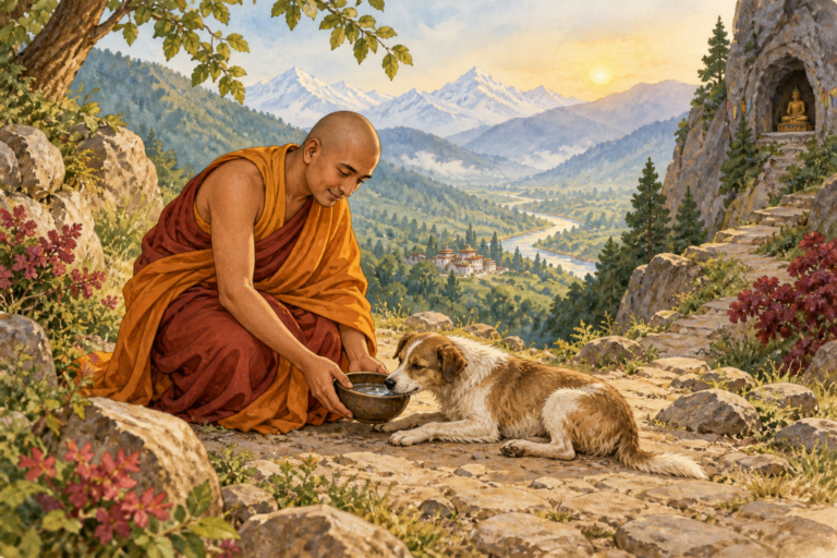 慈悲照顾动物的现代插画；非无著真实肖像，喂水为创作场景。