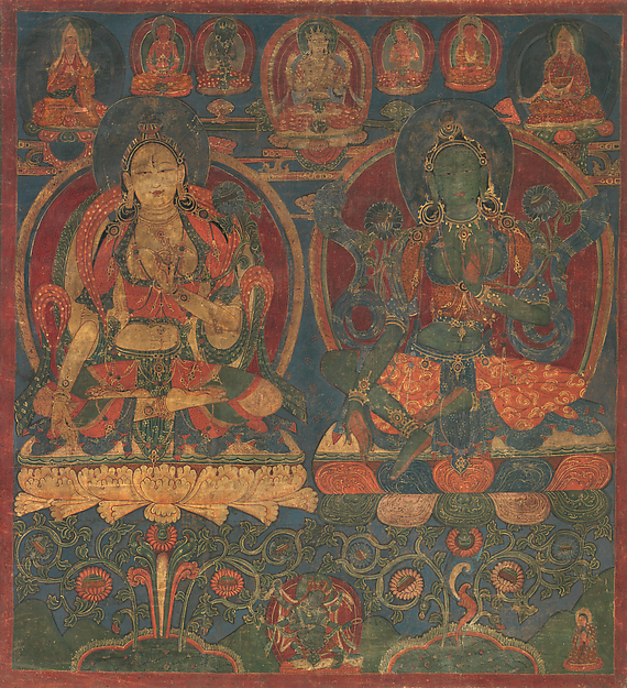 白度母与绿度母合绘唐卡，1450—1500年，西藏西部古格。